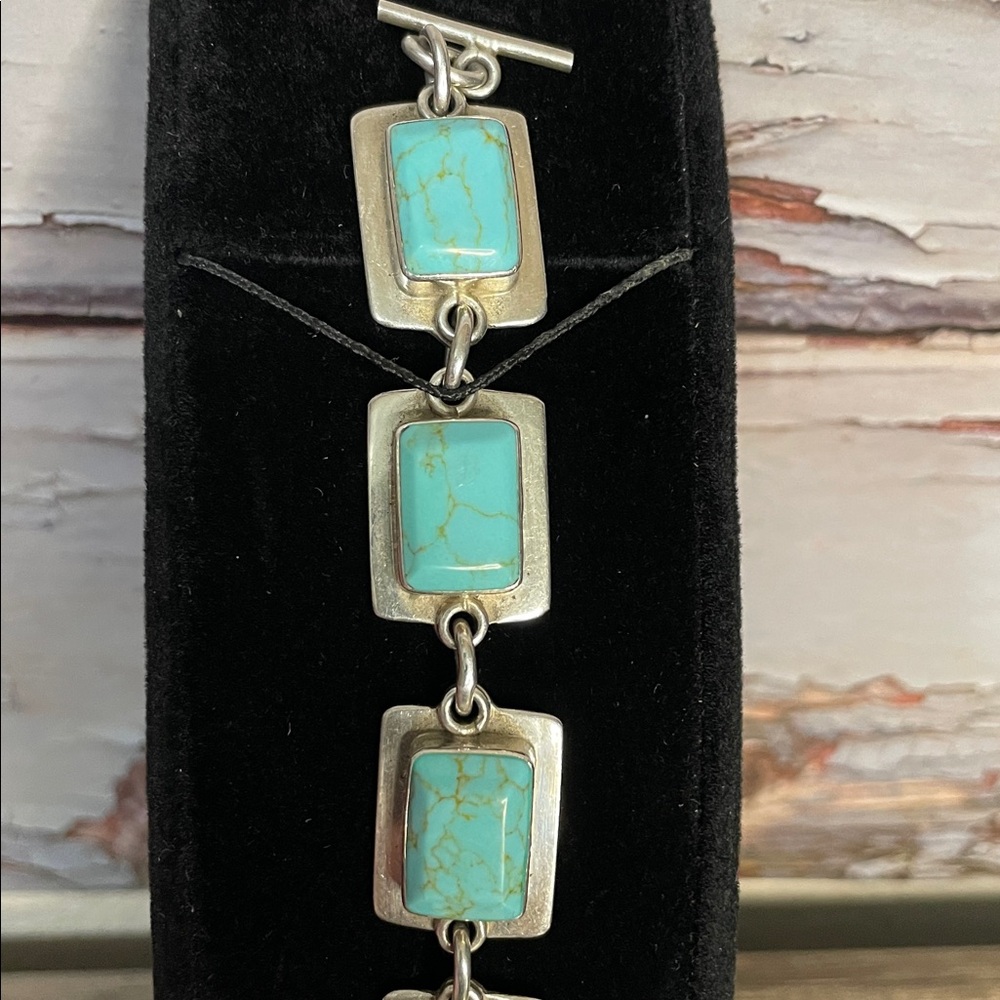 Sterling silver (925) Faux Turquoise Stone Linked Bracelet. - Picture 2 of 8